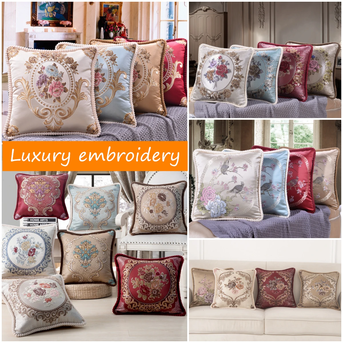 

European Vintage Jacquard Floral Luxury Pillowcase Flowers Embroidery Pompoms Edges Thick Cushions Cover Office Home Sofa Decor