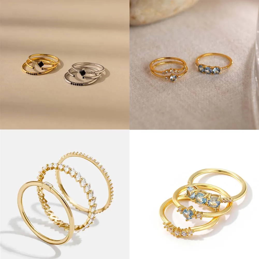 Elegantes vergoldetes Zirkon-Ring-Set für Damen, stapelbarer Modeschmuck, Geschenk für Party, Hochzeit, Jahrestag