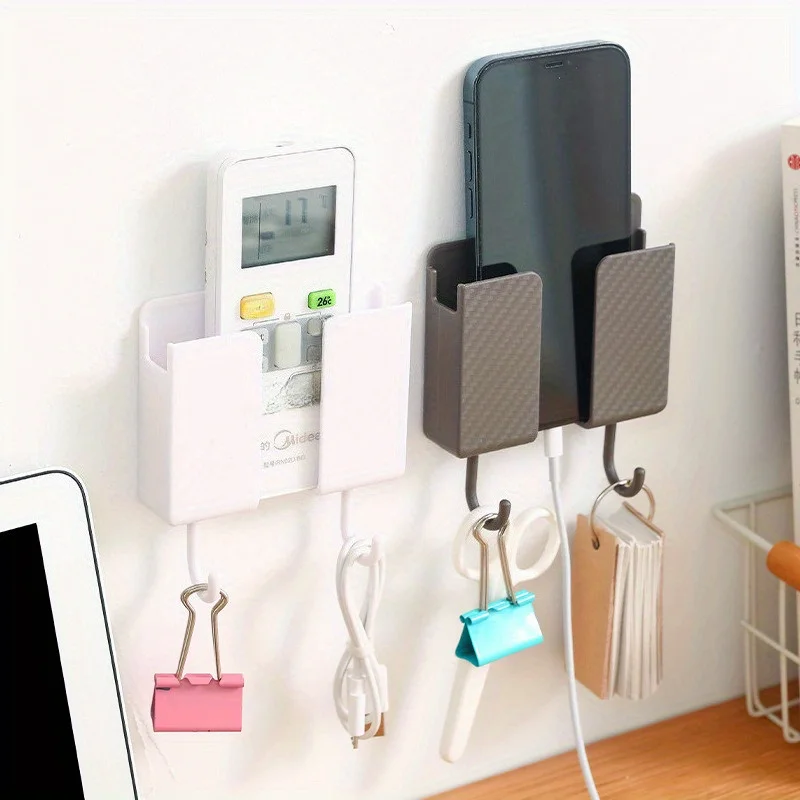 3-in-1 Wall Mounted Storage Rack with Hook, Remote Control Bracket Box, Mobile Phone Charging Station, Suitable for Living Room view 2