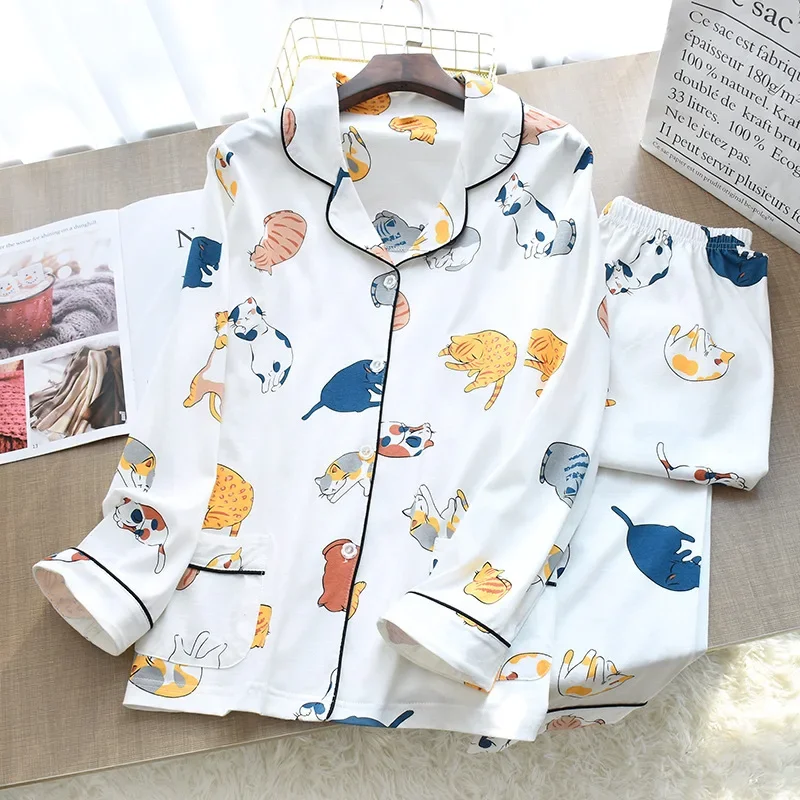 

Autumn and Winter New Pajamas Long-Sleeved Trousers Two-Piece Women's 100% Cotton Crepe Casual Cardigan Cat print Homewear Suit
