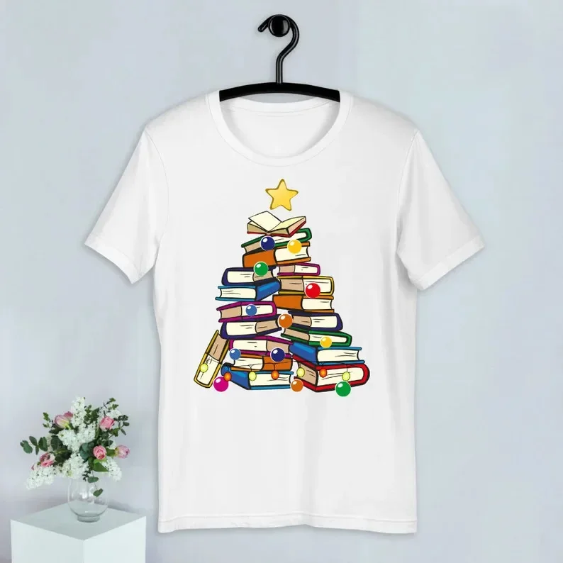 Christmas Tree Teacher Present Shirt Book Lovers Reading Books Teachers School Librarian Literacy Merry Christmas Book Tree Gift