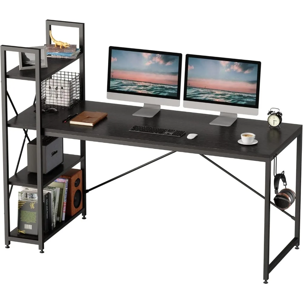 

63 Inch Computer Desk with Adjustable Shelves, Simple Writing Desk with Reversible Bookshelf and Metal Legs for Home Office