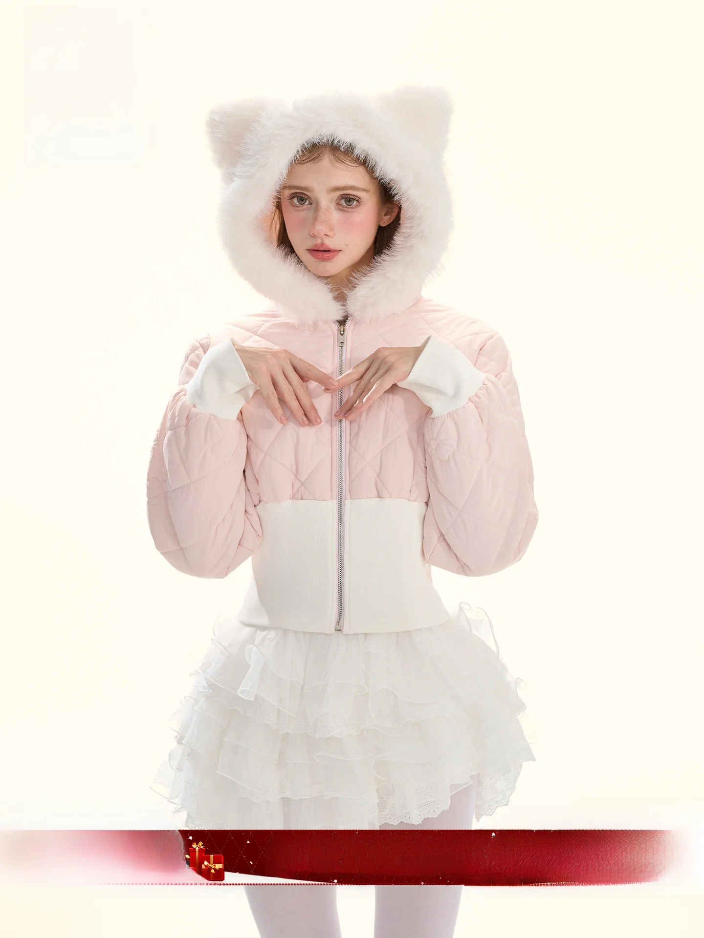 

GirlyFancyClub Winter Fairy Pink Tead Embroidery Bow Knot Plu Hooded Waist Cinched Cotton Jaet Outerwear