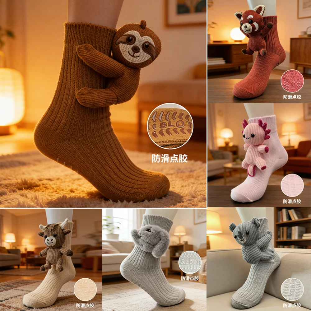 

New 3D Knitted Animal Doll Cartoon Socks Christmas Sloth Little Panda Doll Cartoon Socks Parent-child Plush Non-slip Floor Socks