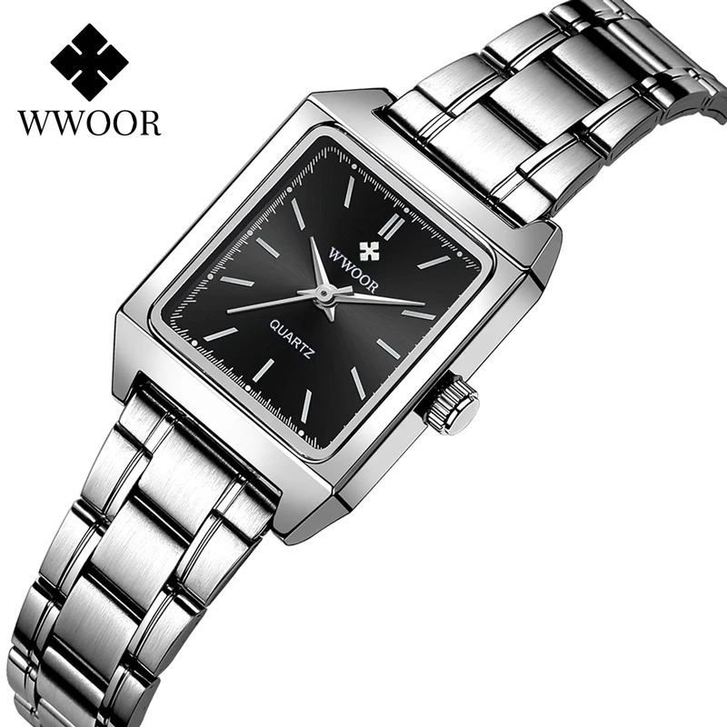 WWOOR-Relógios de pulso de quartzo para mulheres, bracelete elegante, relógio quadrado de prata, moda feminina, novo