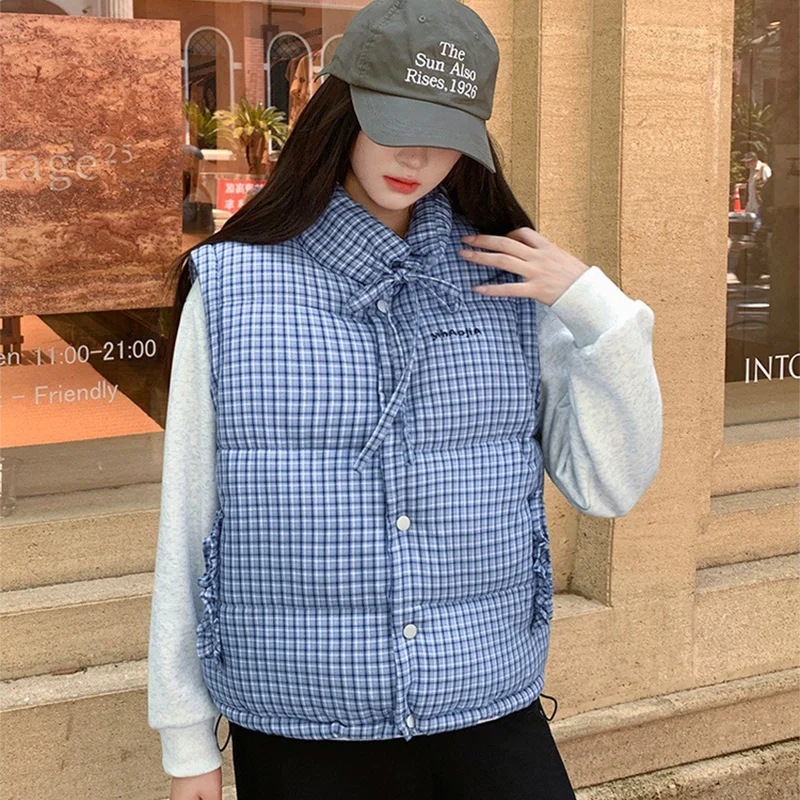 2025 가을 겨울 신상 블루 플래드 다운 코튼 베스트 여성 Y2K 한국 패션 슬리브리스 재킷 패딩 따뜻한 스탠드 칼라 조끼