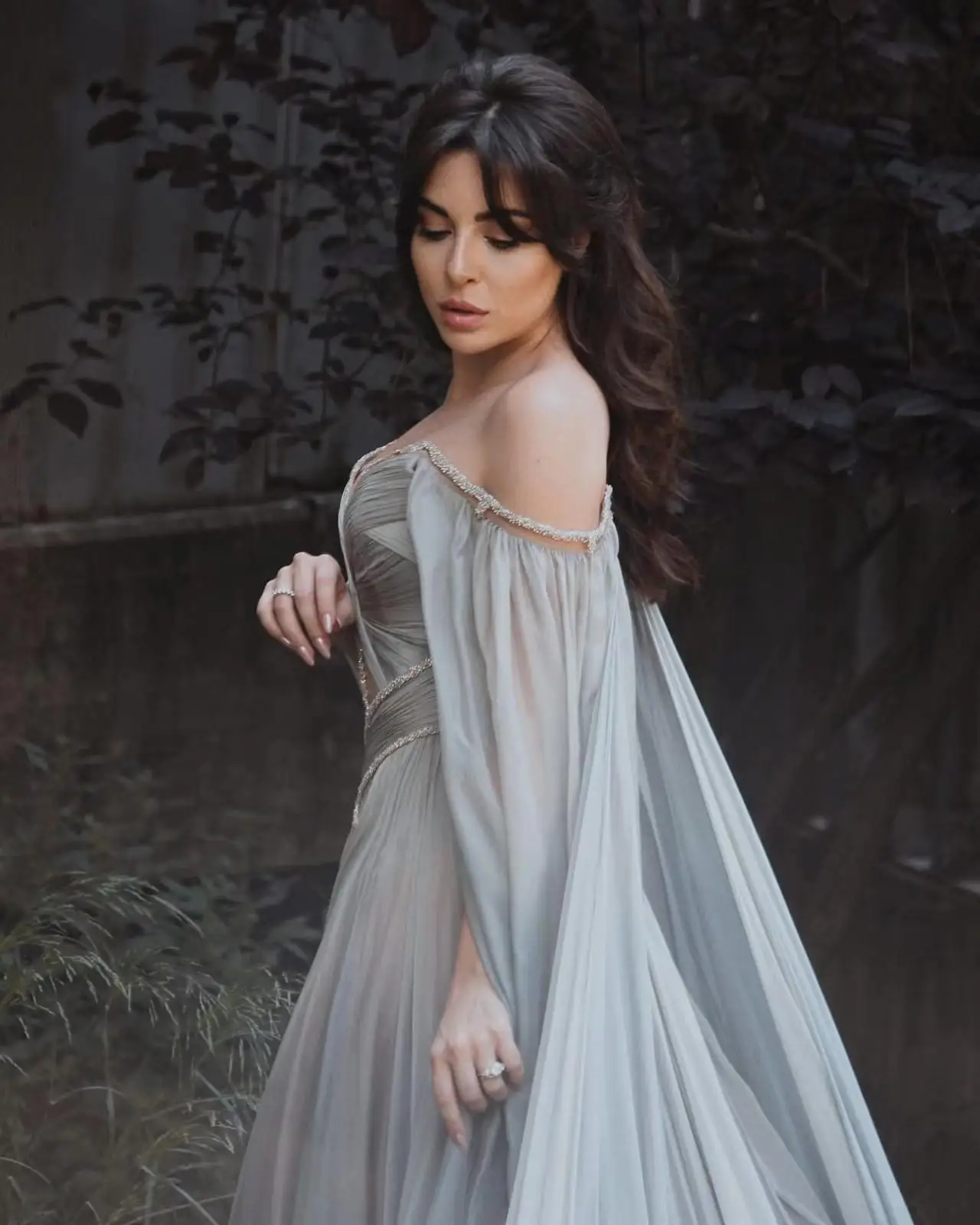 Hot Sale Grey Chiffon Off the Shoulder Long Sleeves  فساتين السهرة vestidos de fiesta  فساتين سهره evening dresses