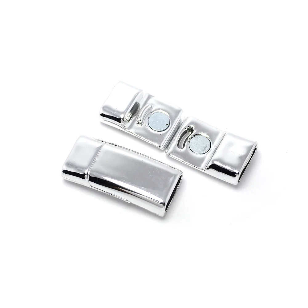 3 Sets Magnetische Sluiting Diafragma 10X3Mm Glad Zilver 26X12X5.7Mm Platte Lederen Sluiting, Voor Platte Lederen Armband Leren Koord