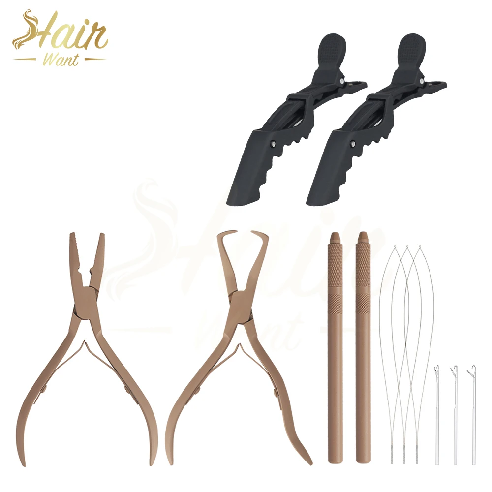 Hair Want Hair Extension Plier Kit Micro Ring Beads Opener Plier Pulling Loop Needle Tool Alligator Clip for Weft Extensions