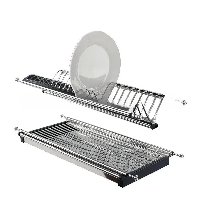 Basket Stainless Steel Embedded Kitchen Dish Rack Storage Draining Rack Cabinet Wall Cupboard Double-Layer Dish Storage Drawer