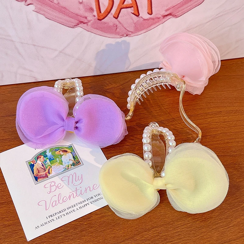 2026 Neue Sommer-Organza-Haarspangen mit Schleife für Damen und Mädchen, modische Kunstperlen, schonende Haarhalter für Pferdeschwänze, Haar-Accessoires – Detail 4
