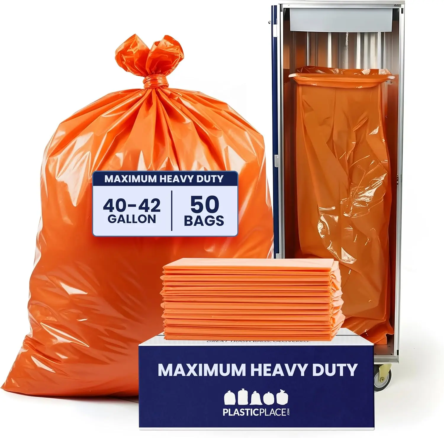 

Heavy Duty 42 Gallon Trash Bags, 3.0 Mil Orange Contractor Bags, 33x48 Inches, Pack of 50