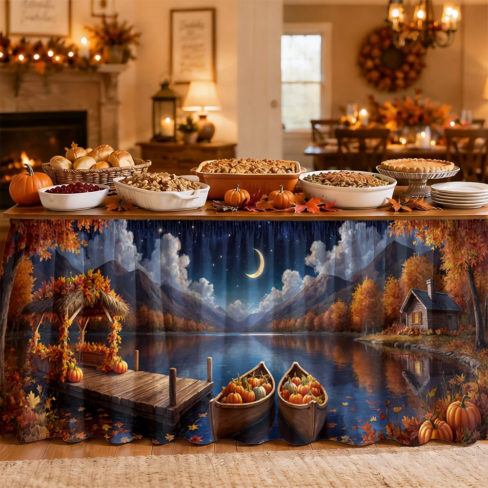 Autumn Scenery, Tranquil Lakeside Cottage, Moonlit Night, Thanksgiving, Halloween, Autumn Party Tableclothxzj
