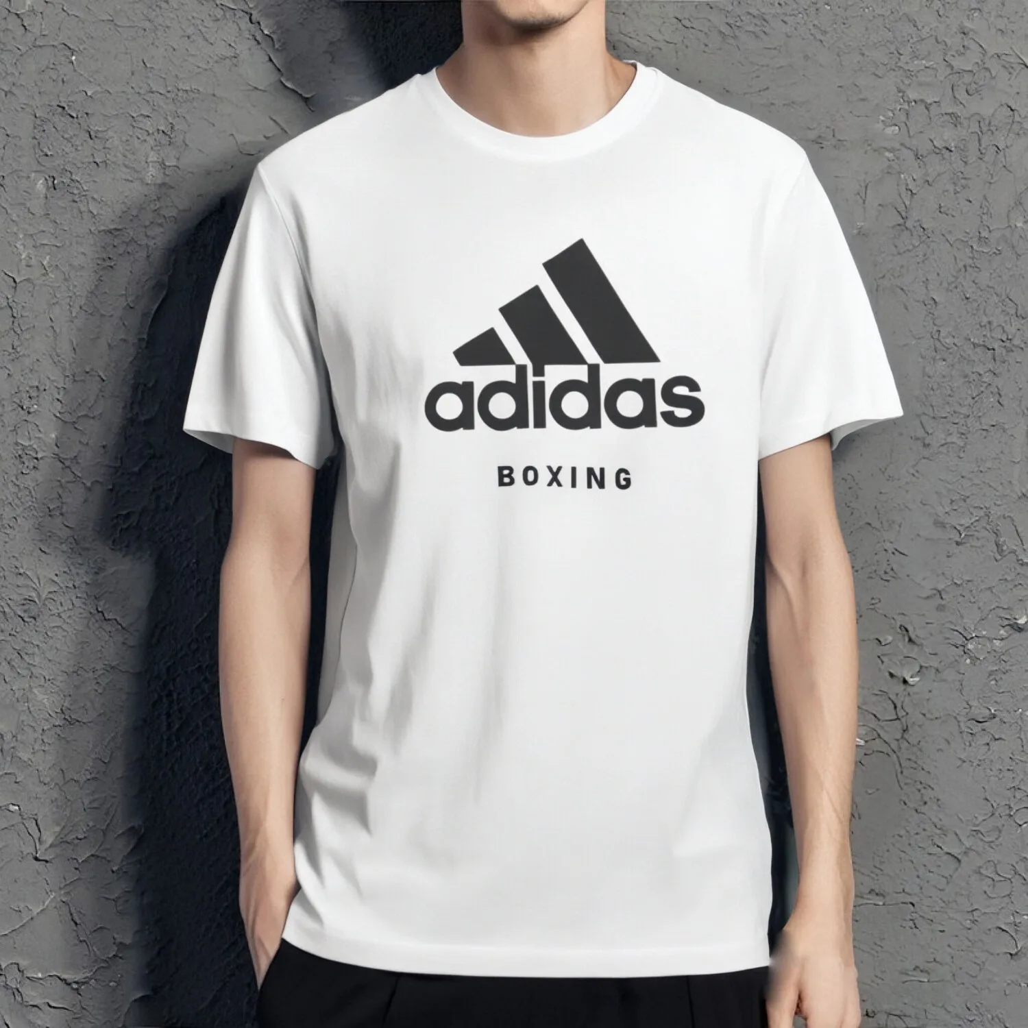 Adidas White Short Sleeve T Shirt from the Boxing Series with Black Brand Logo and Text for Athletic and Casual Wear