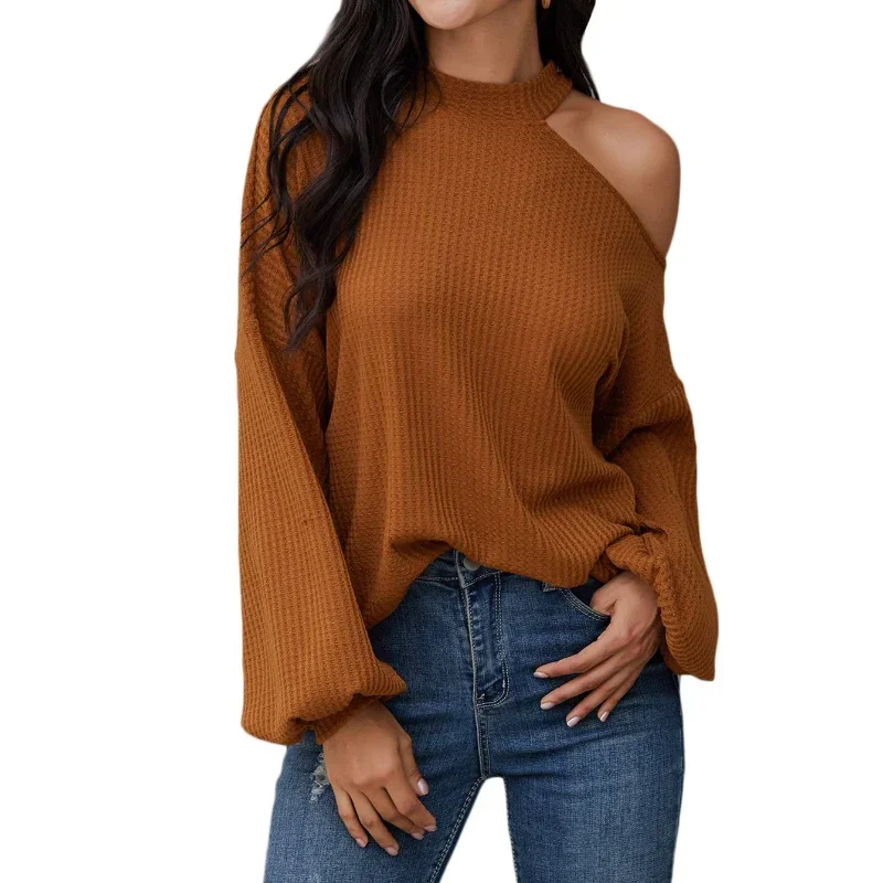 

2022 Fall New Waffle Knit Tunic Top Fashion Solid Color Off-the-Shoulder Long Sleeve Loose Shirt Commuter Casual Crop Top