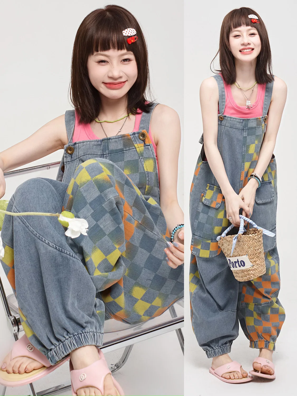 

MS Original Color Block Denim Overalls Women's Summer Casual Loose Wide Leg Lantern Pants High Waist Button Fly Check Pattern