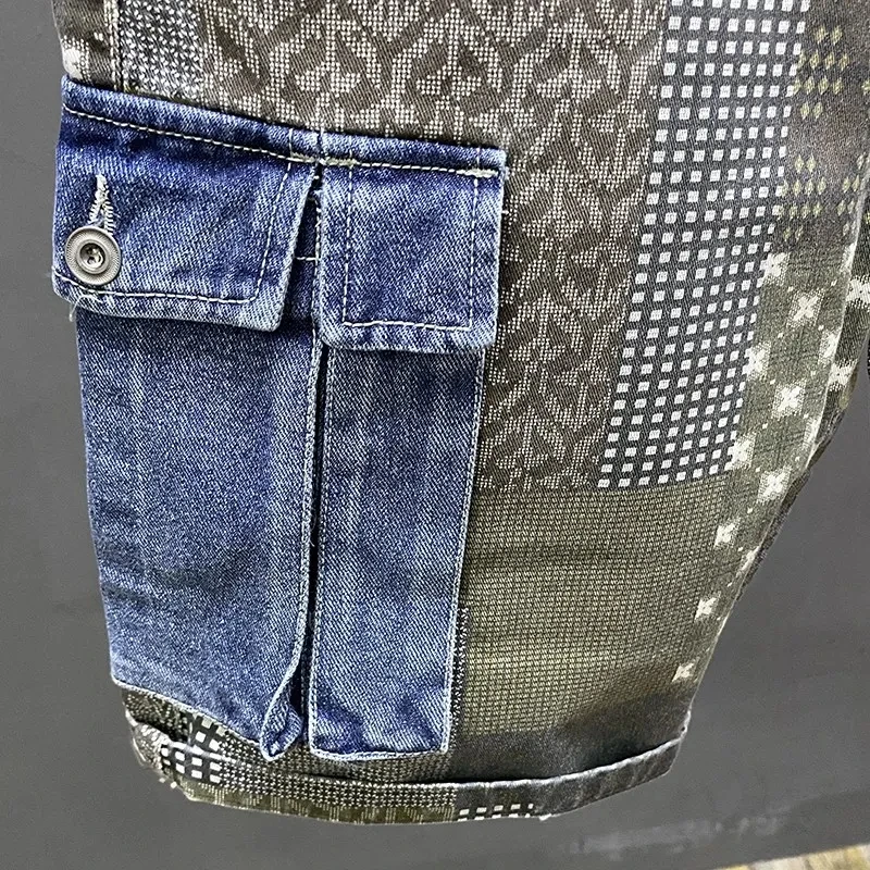 Letnie nowe spodenki jeansowe Cargo męskie nieregularne łączenie drukowane osobowość fala pięć punktów spodnie w kwiaty Streetwear Jeans Hombre