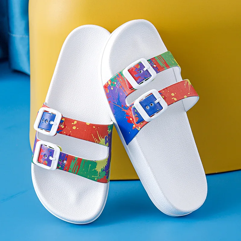 Sandálias criativas de botão duplo para estudantes, Desgaste de verão feminino, Anti Slip Soft Thick Sole Home Slippers, Roupa exterior, Moda