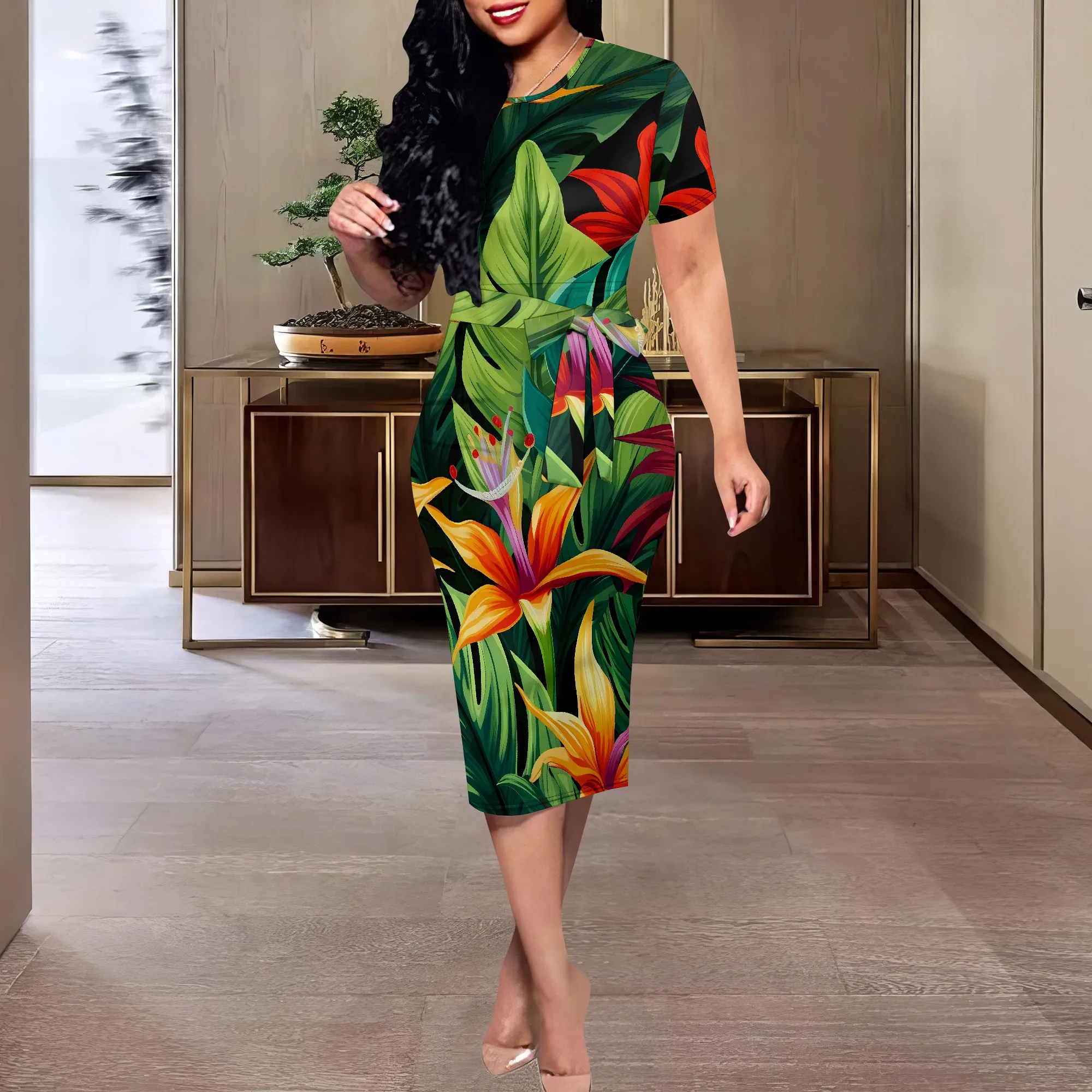 Vestido midi bodycon com estampa de folhas tropicais feminino com cinto fino manga curta aparência de verão