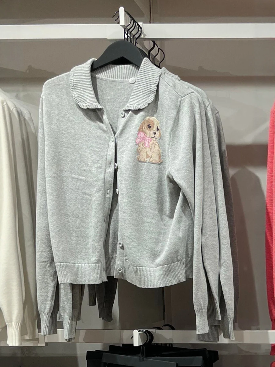 لطيف الكلب التطريز سترة سترة المرأة ترتيب الأسرة طوق واحدة الصدر طويلة الأكمام الحلو عادية رمادي قصير تريكو Y2k جديد