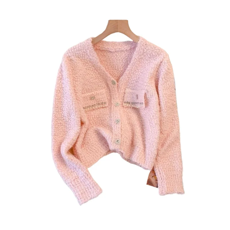 

Small Fragrance Design Sense Heavy Industry Nail Bead Short Coat Women's Winter Gentle Foreign Style Knitted Cardigan Sweater