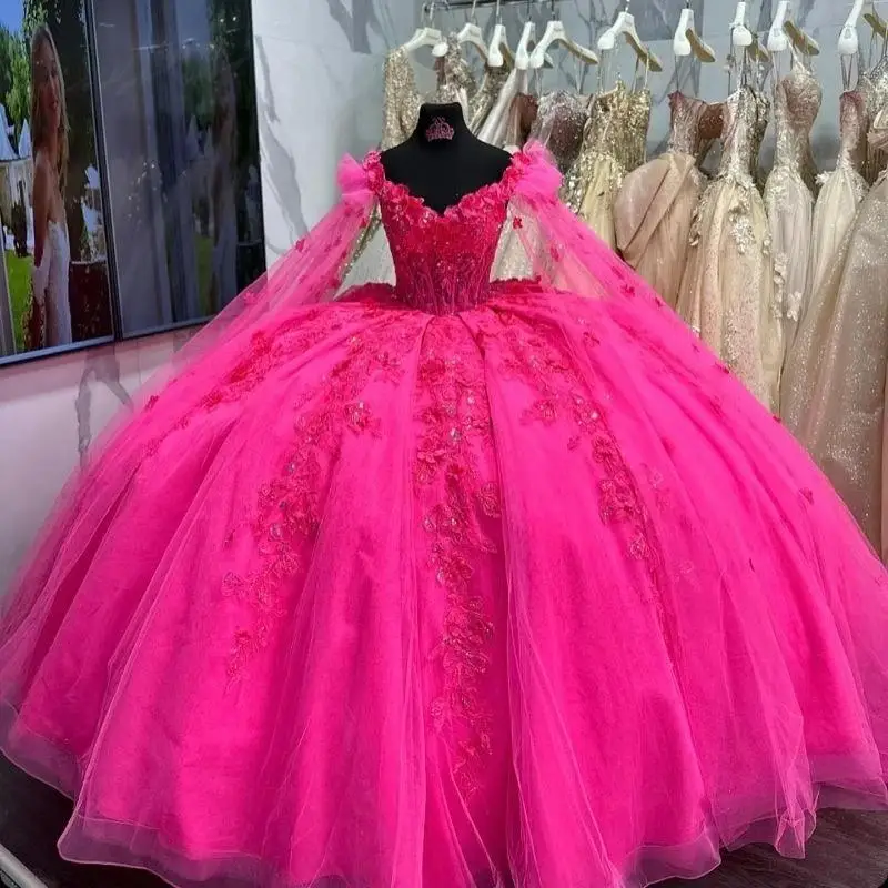 Rose Red Off The Shoulder Quinceanera Dresses Ball Gown Appliques Lace Beads Tull With Cape Sweet 16 Birthday Party Vestido De