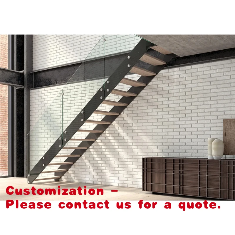 custom.Solid Timber Step Staircase Metal Straight Double Beam Stairs Glass Railing System Stair