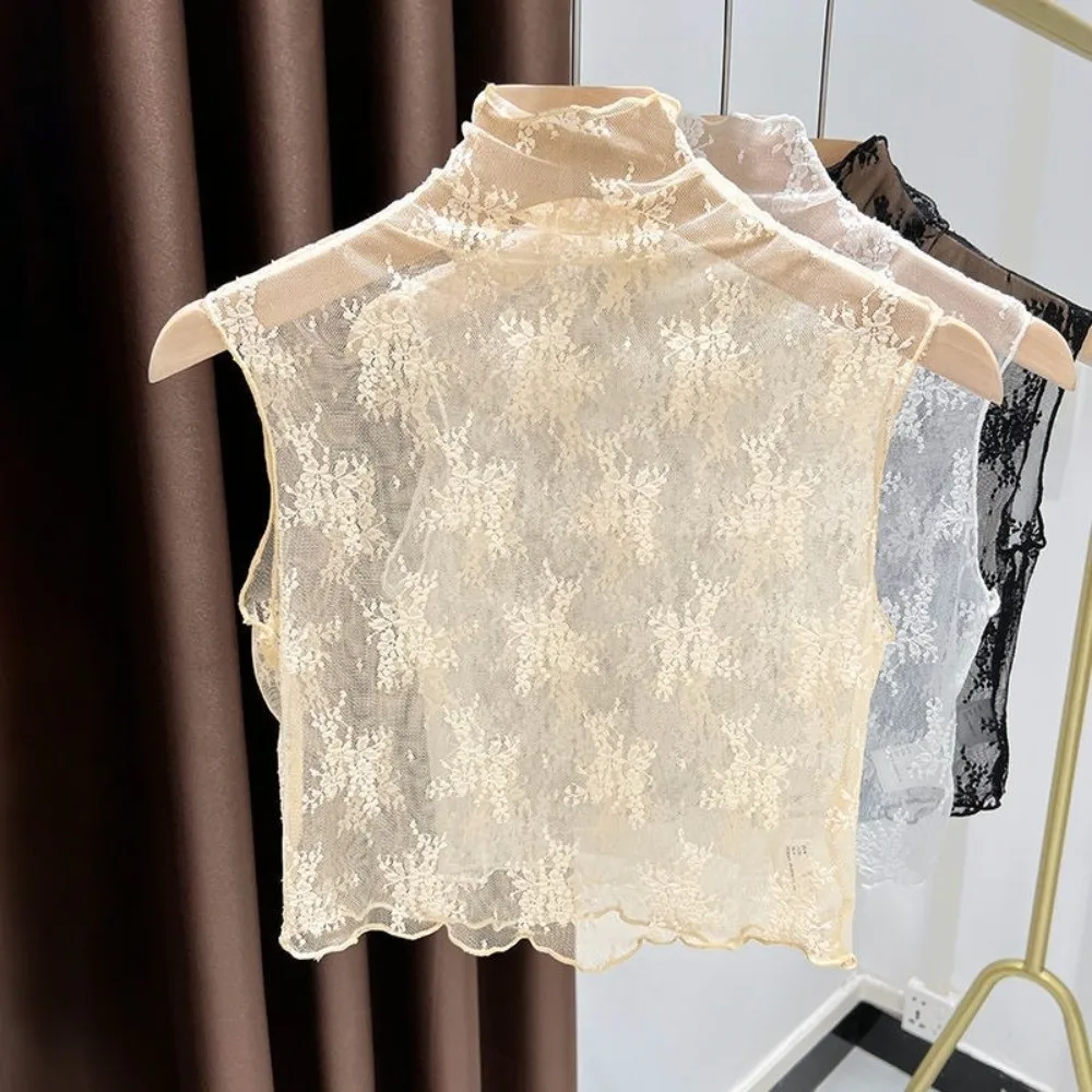 Vest Elegant Fake Lace Floral Collar Slim Gauzy Mesh Base Layer Top Short Sleeve Chic Detachable False Collar Winter