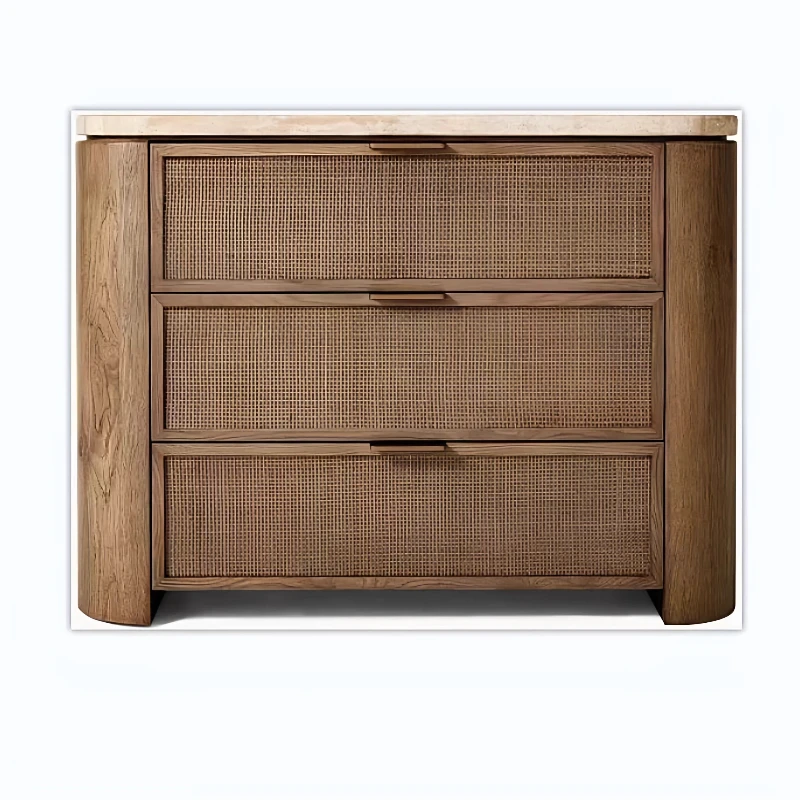 Yellow travertine oak rattan bedside table bedroom storage storage cabinet American modern simple/large size