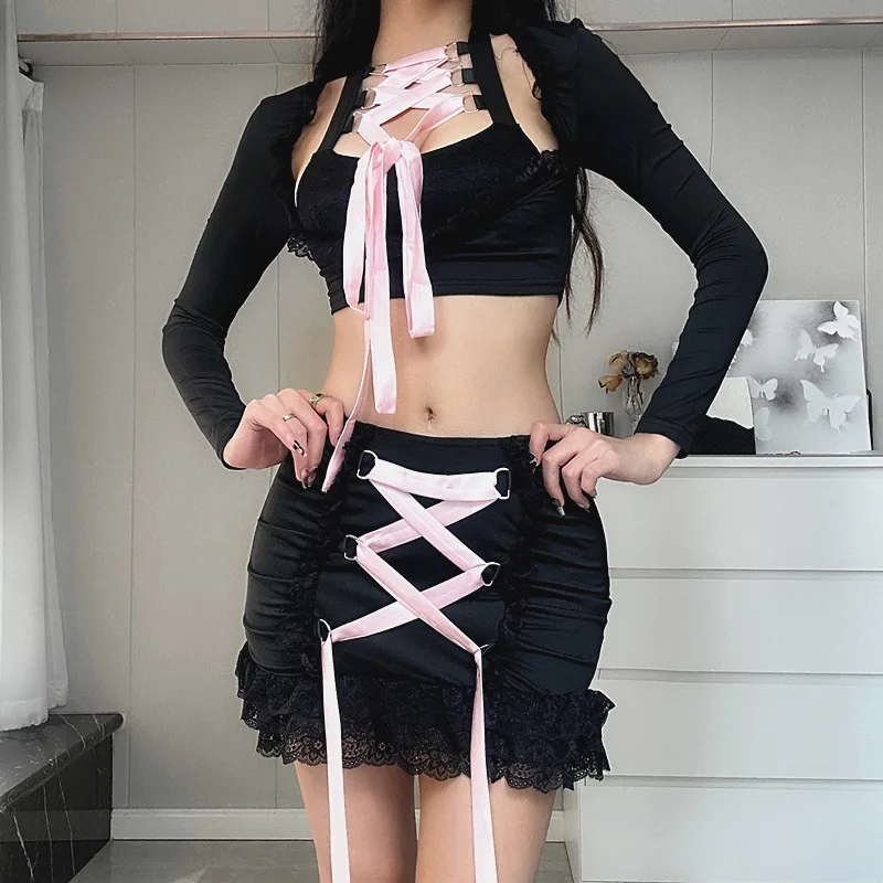 

«Zeyla 202 Чистый и сексуальный комплект — топ с кружевной отделкой и завязками и облегающей юбкой, наряд из 2 предметов Instagram Baddie»