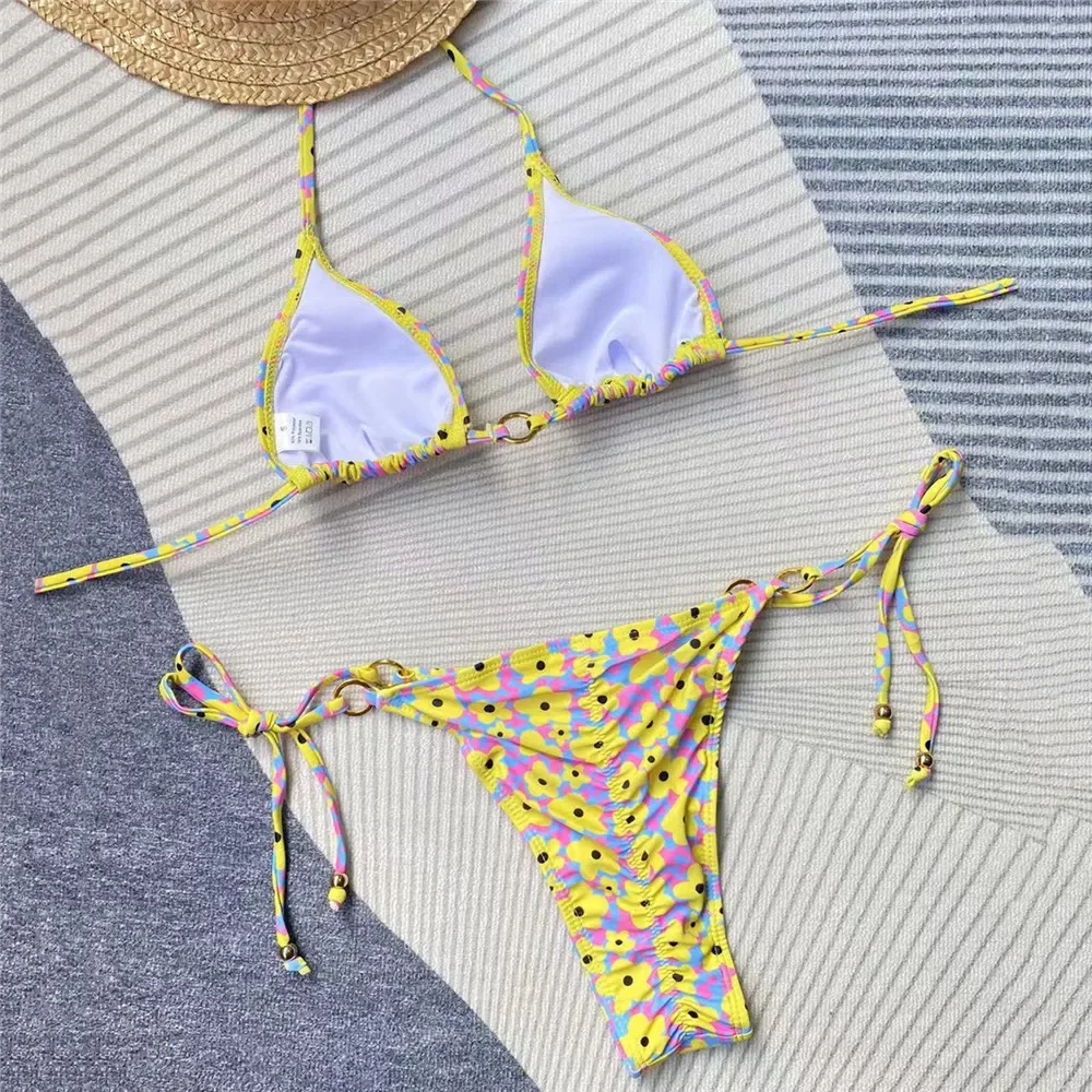 Sexy Yellow Floral Print Swimsuit Micro Bikini Thong 2024 Women String Halter Swimwear Bathing Suit Biquinis Mini Bikinis Sets