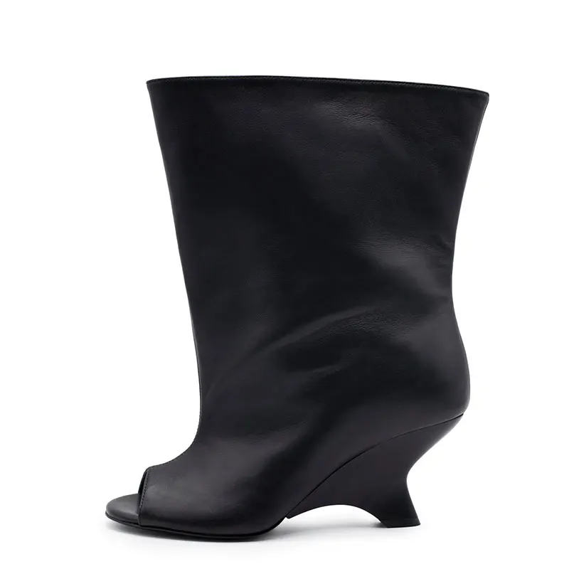 2025 Spring and Autumn Women's Fish Mouth Thick High Heels Knee Length Women's Boots Fashion Slope Heel Large Summer Cool Boots