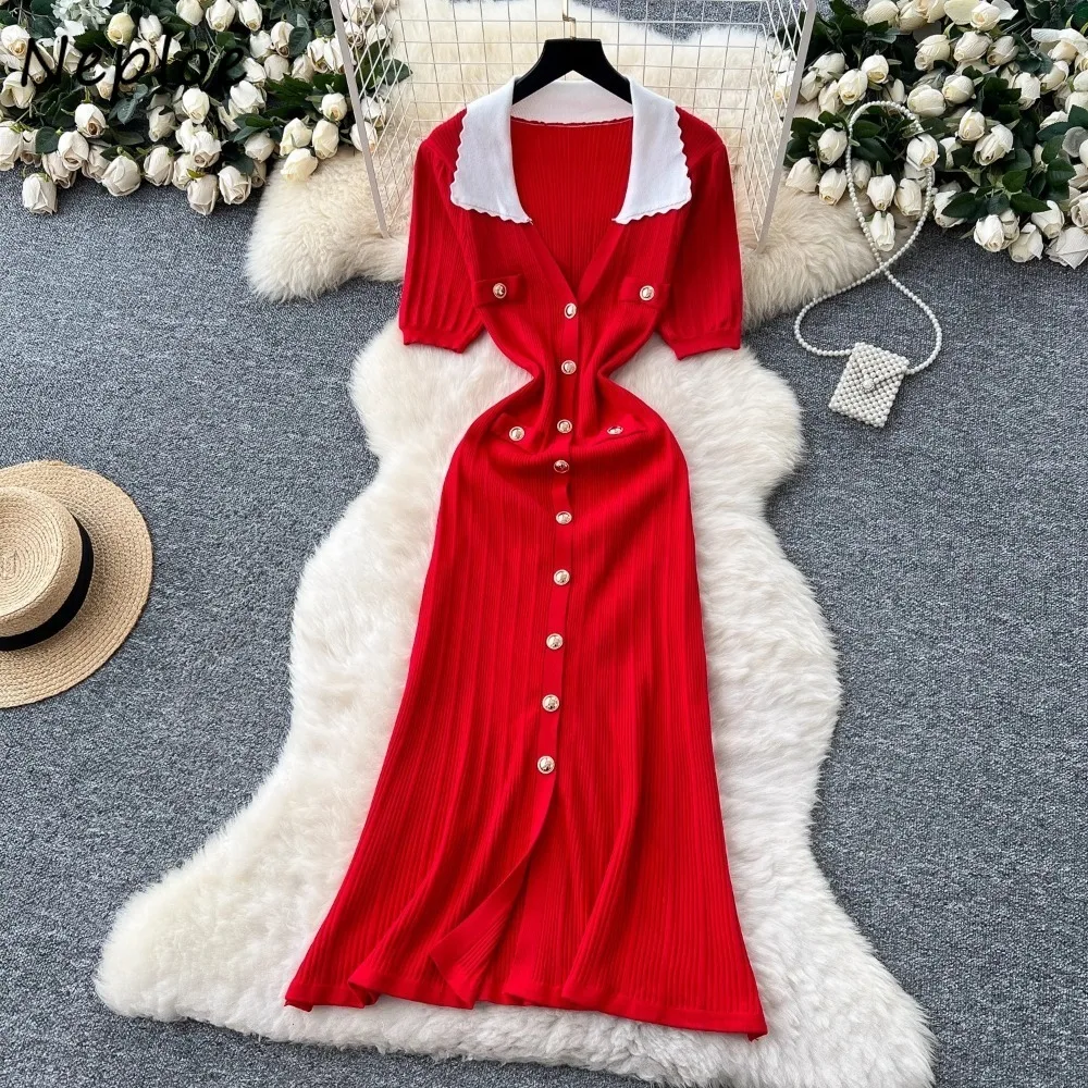 

Neploe French Style Vintage Panelled Moda Dress Turn-down Collar Puff Sleeve Slim Vestidos Elegant Vent Knit Luxury Femme Robe