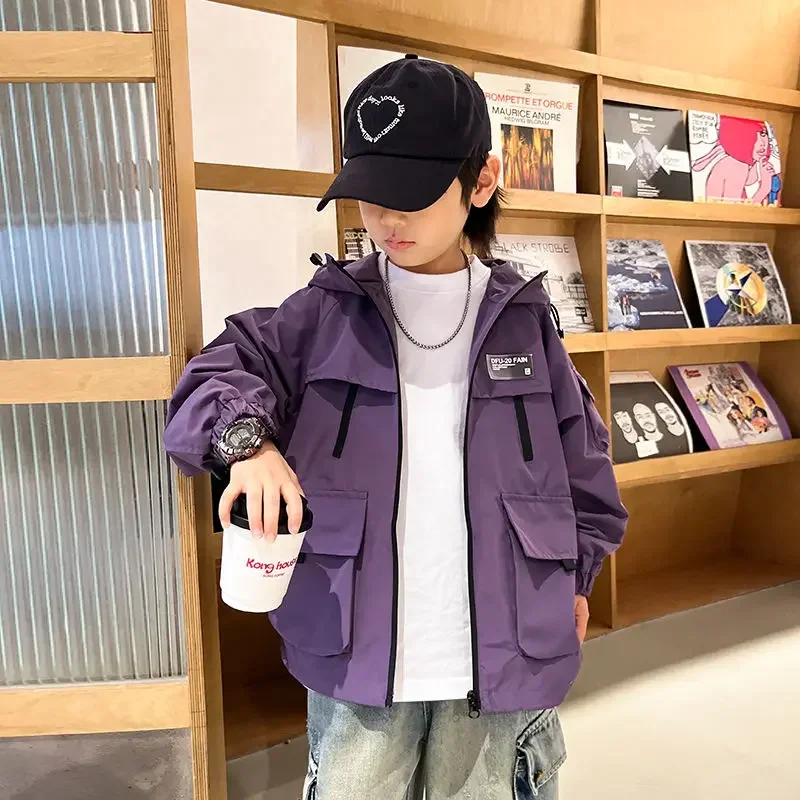 2024 Autumn Girls Boys Casual Windbreak Purple Black Hooded Jacket Baby Kids Children Outerwear Coat 4-14 Yrs Korean Overcoat