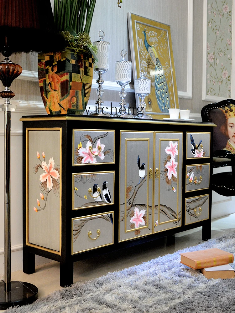 

New Chinese Style Decoration Entrance Cabinet Neoclassical Subareas Screens Sideboard Cabinet Modern Solid Wood Shoe Cabinet