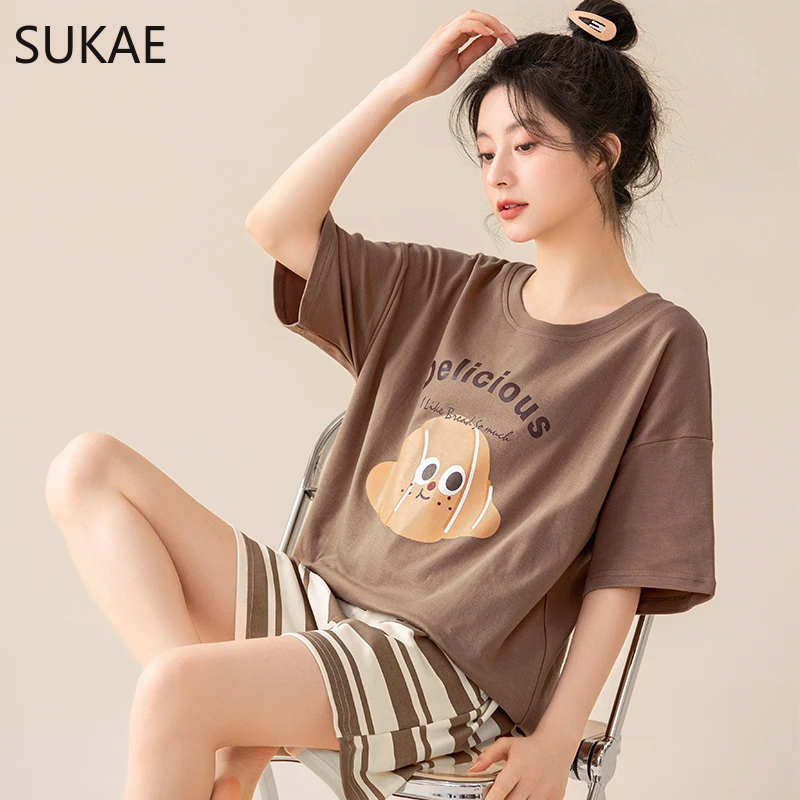 SUKAE 100% Pure Cotton Women Pajamas Summer Chic Cartoon Print Pijamas Girls Nightwear Short Sleeve Sleepwear O-neck Loungewear