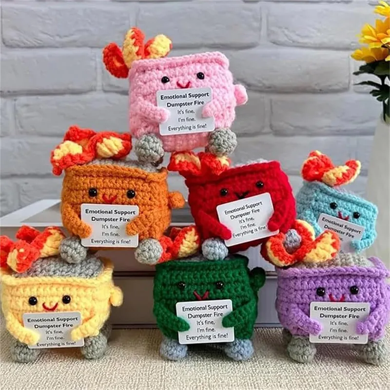 Emotional Support Dumpster Fire Positive Crochet Dumpster Fire Funny Plush Toy Crochet Trash Can Fire Stuffed Doll Chrismas Gift