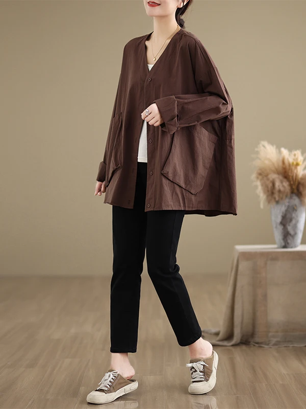 ゆったりとしたVネックのロング丈カーディガン、レディース、カラーダブル、カジュアル、綿混紡、オープンカーディガンコート