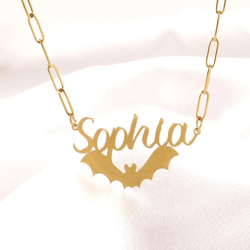 3UMeter Custom Name Necklace Halloween Jewelry Gothic Style Bat Spider Pumpkin Stainless Steel 18K Gold Gift For Men And Women