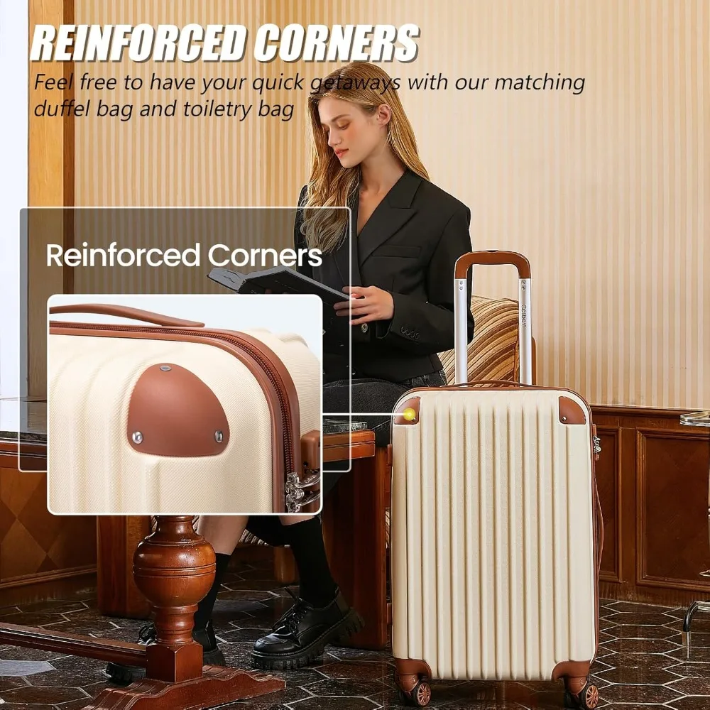 مجموعة أمتعة ABS هارد شل خفيفة الوزن مكونة من 3 قطع مع موافقة لشركة الطيران مقاس 20 بوصة وعجلات وقفل TSA وإكسسوارات سفر طويلة الذيل