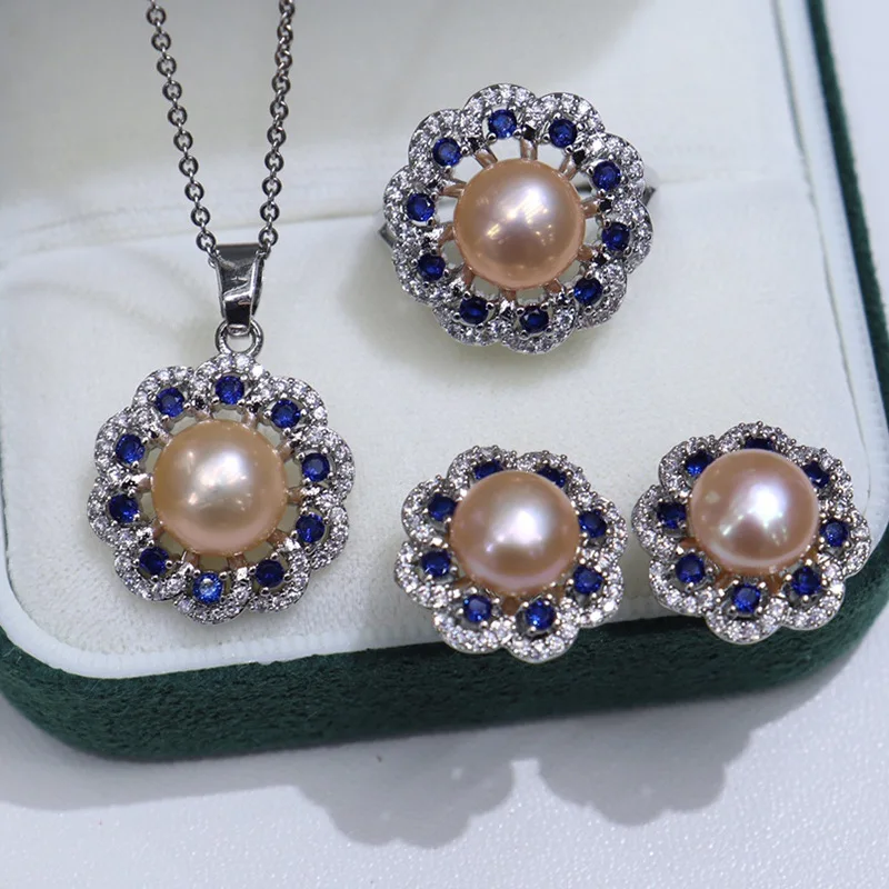 one set  freshwater pearl white/gray/pink/purple/gray/yellow/black  earring ring pendant +zircon hook