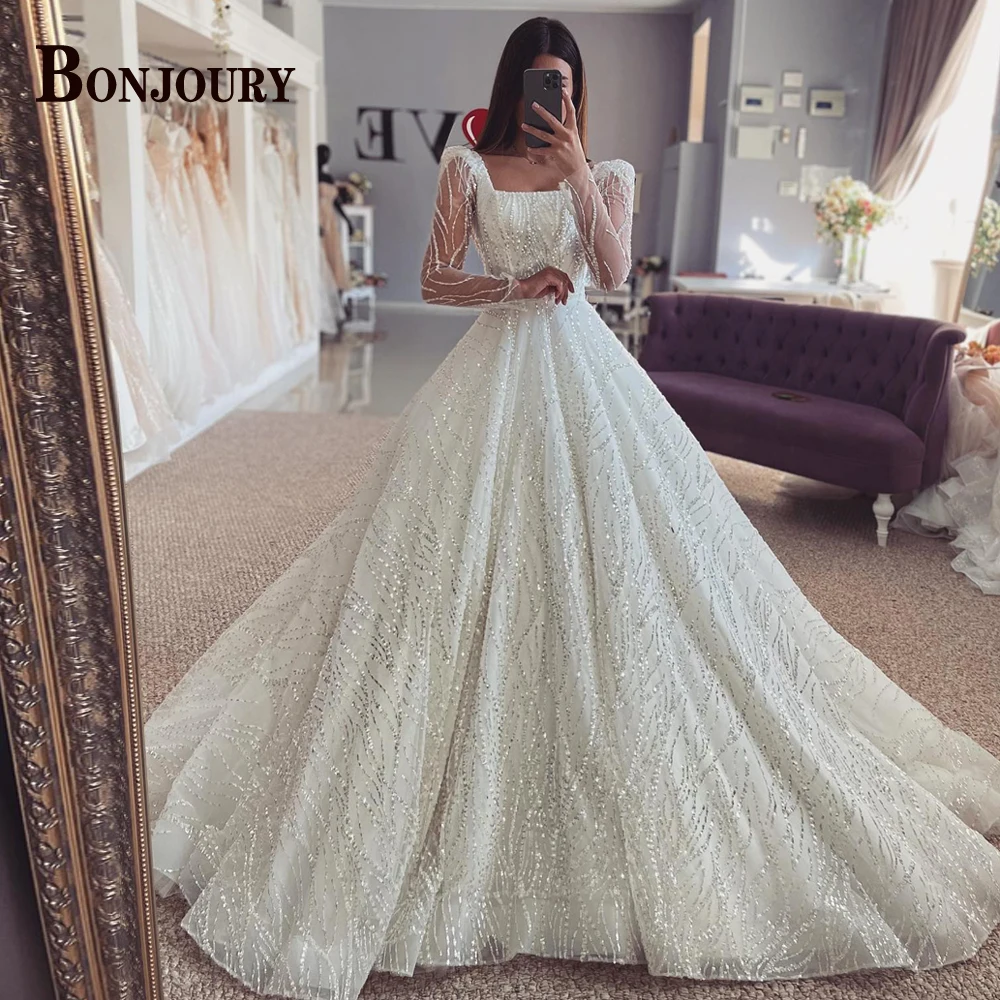 BONJOURY Glamorous A Line Wedding Dress for Woman Bride Square Collar Long Sleeves Lacing Up Vestido De Casamento Drop Shipping