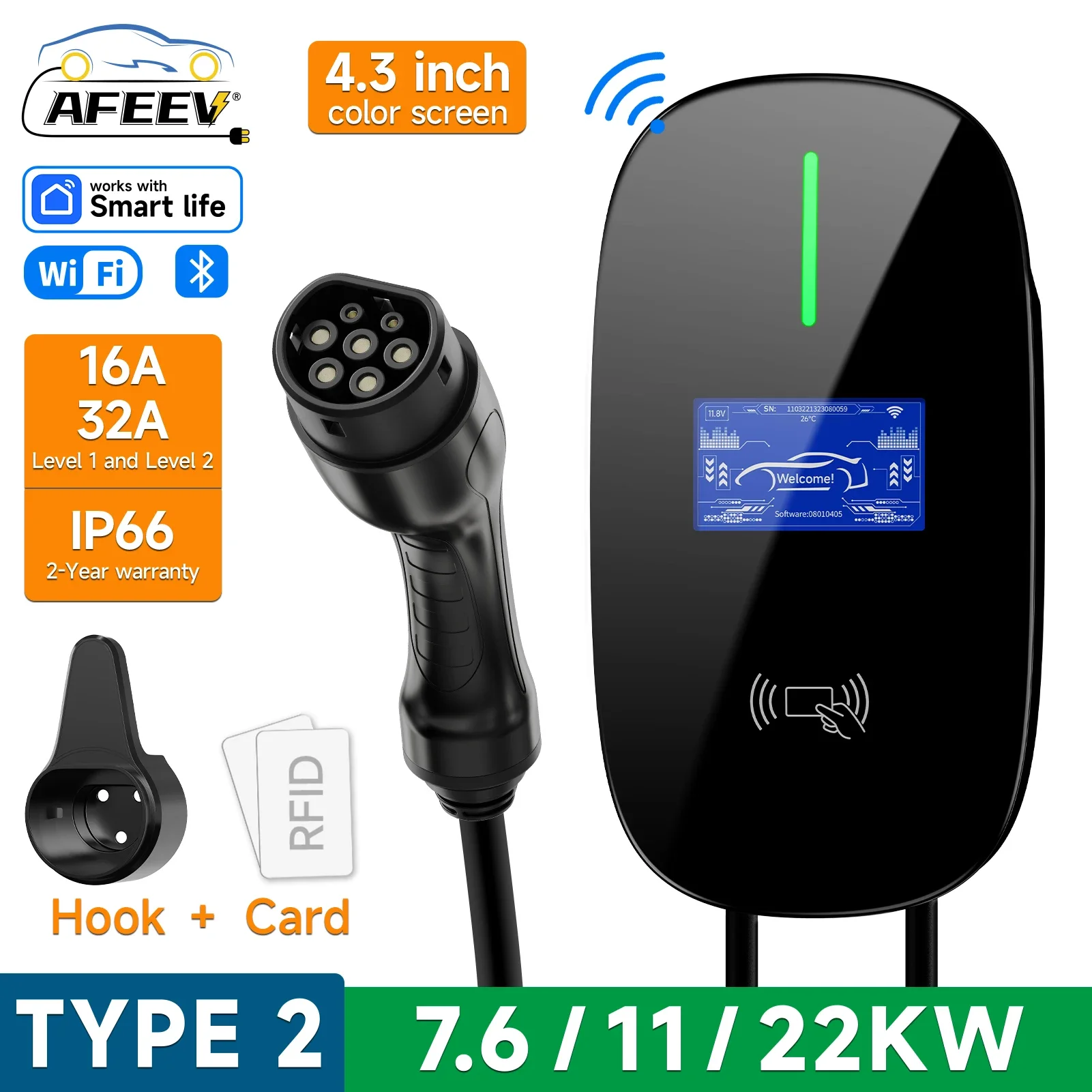 AFEEV 22KW 32A 3phase EV töltés Megállóhely type2 IEC62196-2 CEE dugasz 7.6KW/11KW 16A wallbox falra Lovag töltő wifi APP vezérlő