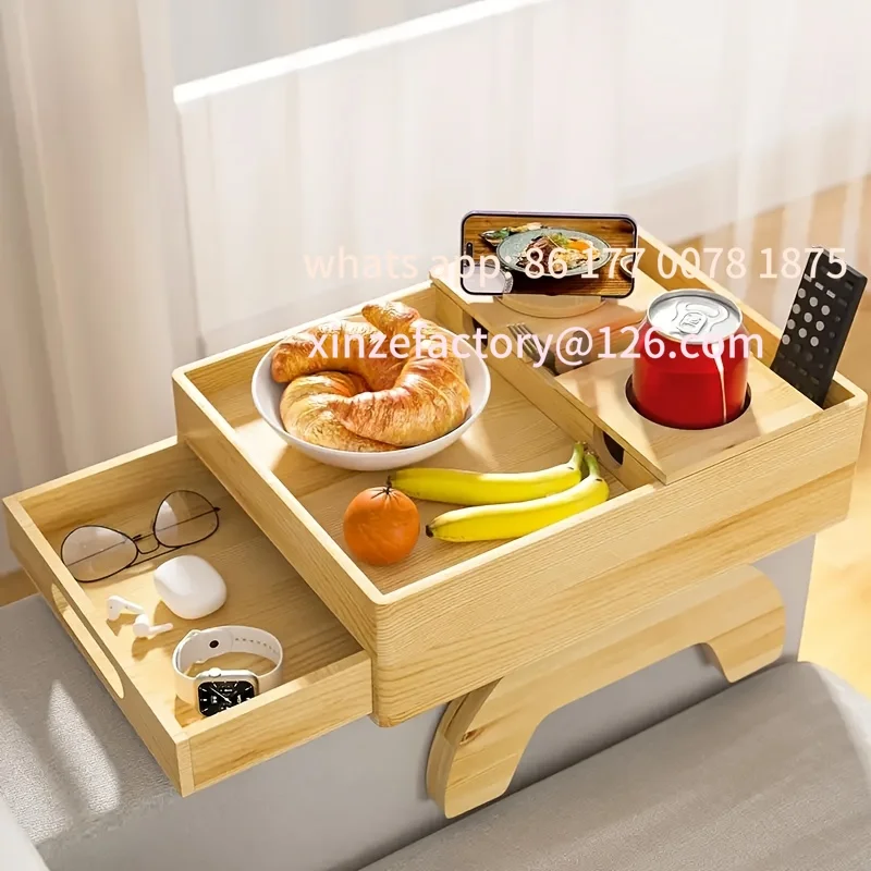 Customizable Sofa Cup Holder & Armrest Tray - Clip-On Side Table with Sliding Drawer, Space-Saving Organizer for Living Room