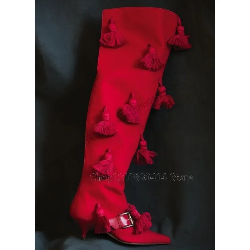 

Red Tassels Buckle Decor Pointed Toe Boots Slip On Women Shoes Thin High Heels Fashion Party Banquet 2025 Zapatos Para Mujere
