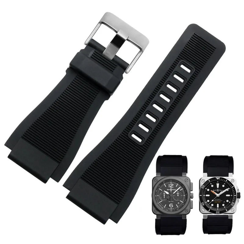 For Bell & Ross Men's BR01 BR03 Silicone Rubber Sport Strap 34X24mm Large Convex Wristband Bell Ross BR-01 BR-03 Watchband Black