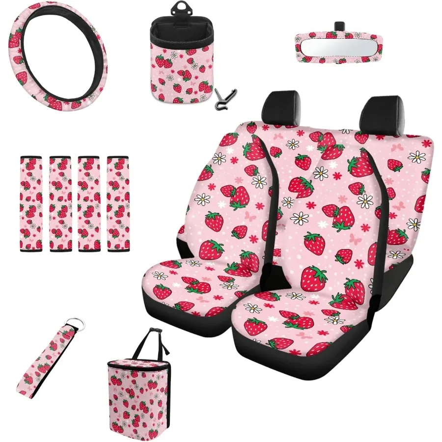 

Strawberry 13 Pack Car Accessories Sets for Universal Fit: Includes 4 Pieces Car Seat Covers Steering Wheel Cover Keychain Car