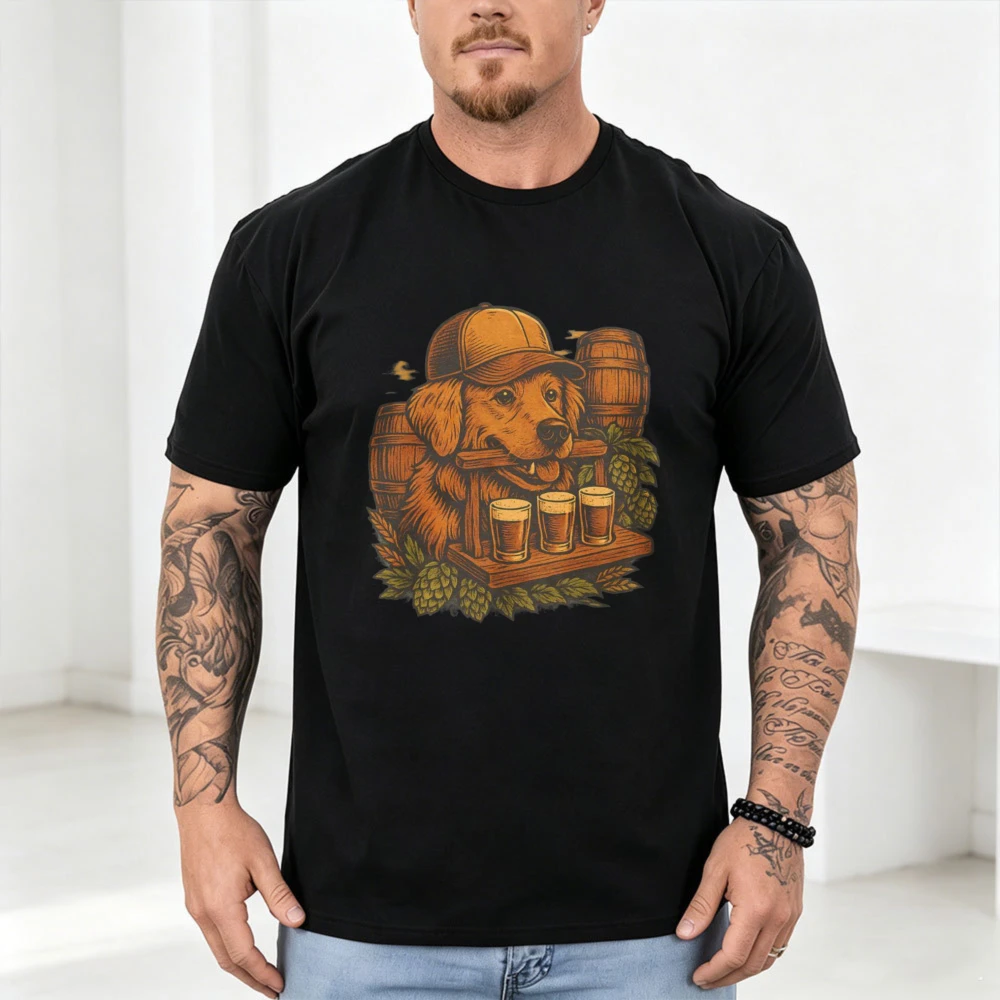 Craft Beer Dog T-shirt Retro Golden Retriever Hat Beer Flight Barrel Hop Cone Cotton Tee Brewery Drinking Graphic Street Tops