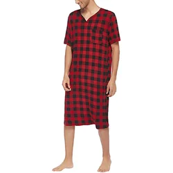 Mens Lattice Short Sleeve V Neckline Nightgown Nightwear Plaid Printed Shirt Nightshirt Casual Loose Sleepwear Home Wear