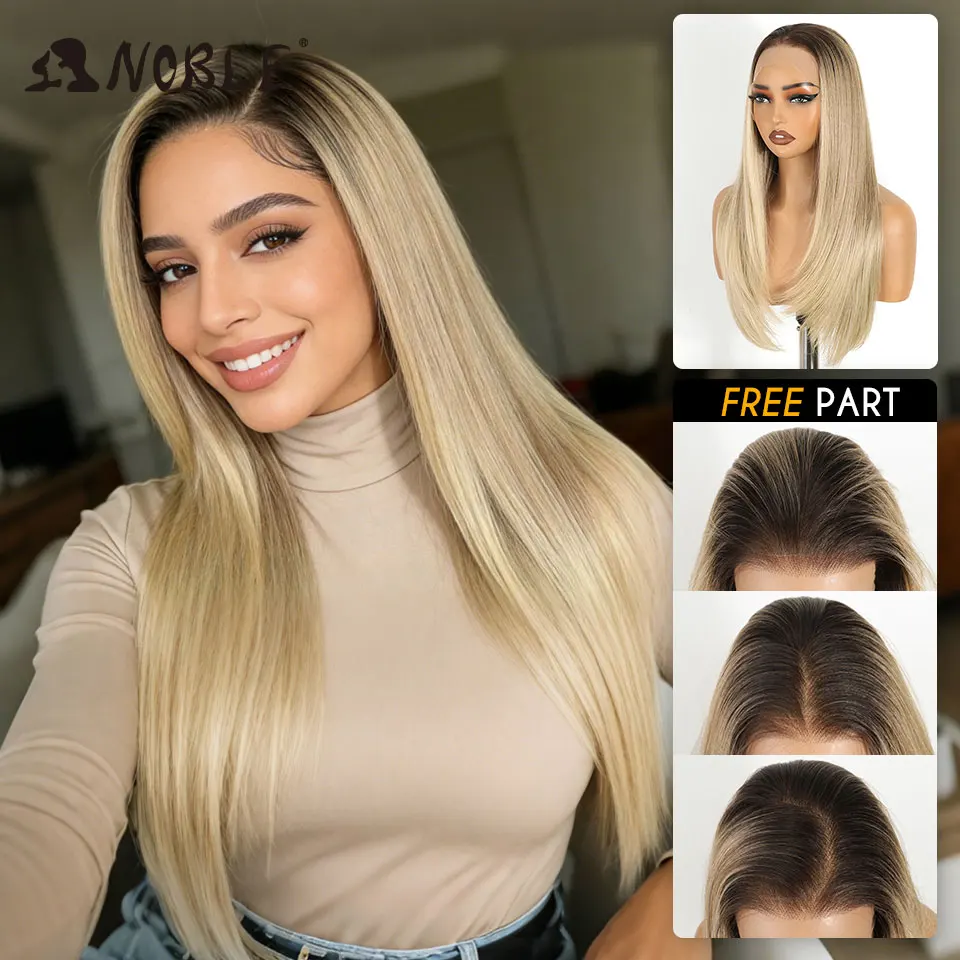 Noble 24 Inch 13x6 Lace Front Wig Synthetic Hair Ombre Black to Platinum Blonde Straight Heat Resistant Glueless Wig for Women